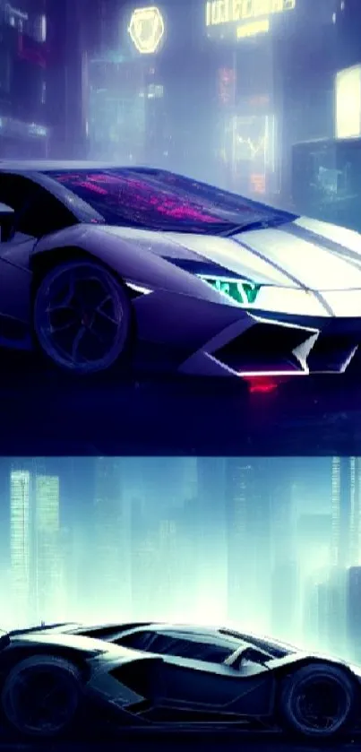 Futuristic sports car in neon cityscape wallpaper.