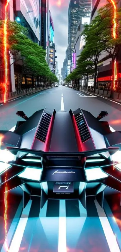 Futuristic car driving through neon-lit city streets.