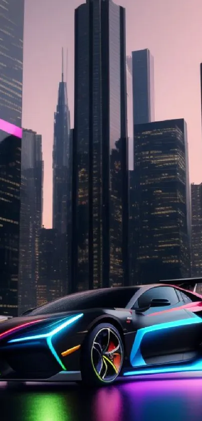 Futuristic neon-lit sports car in a cityscape.