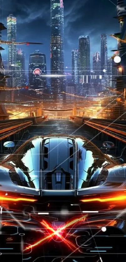 Futuristic car against cityscape during night with neon lights.