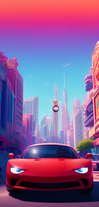 Red sports car in a futuristic cityscape with neon lights and skyscrapers.