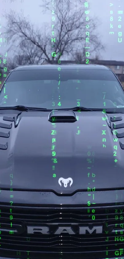 Car with green matrix code effect in digital style wallpaper.