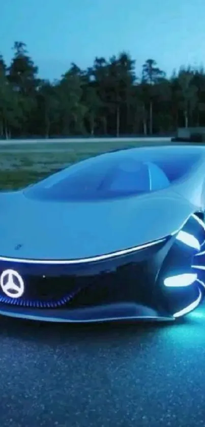 Futuristic car with neon blue accents in forest.