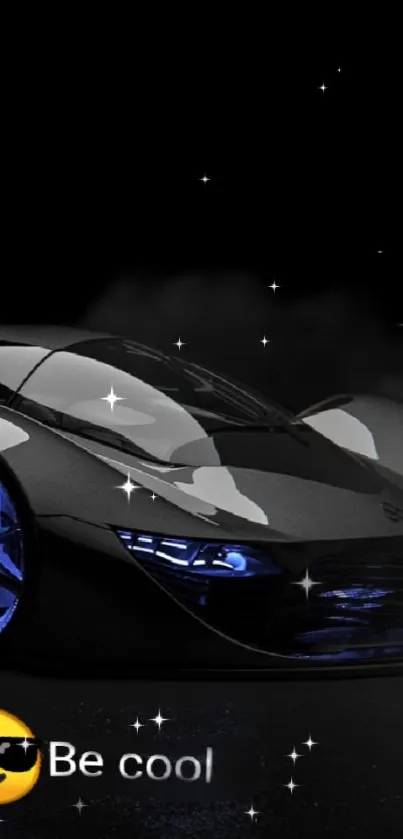 Sleek black car with blue accents on a futuristic background.