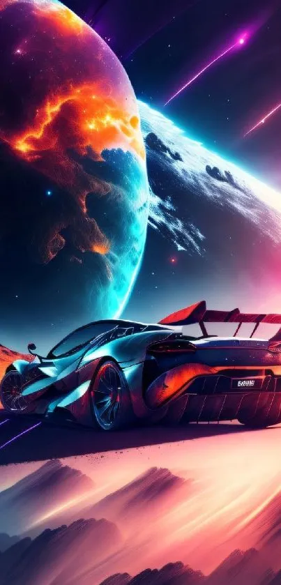 Futuristic car in vibrant cosmic scene.