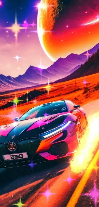 Futuristic car racing in cosmic landscape with vibrant colors.