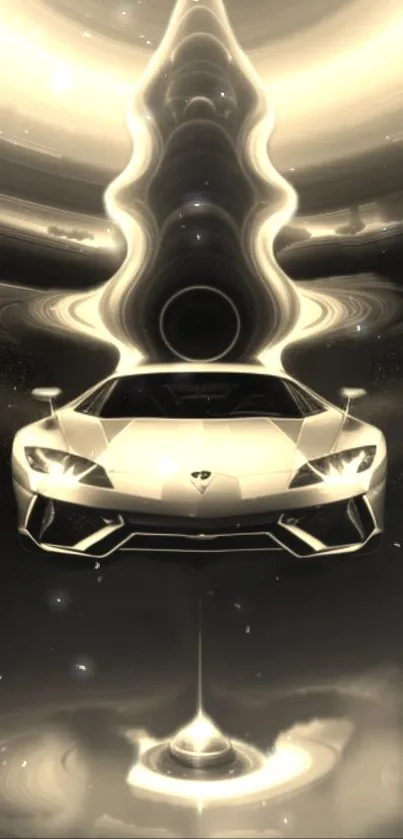Futuristic car with cosmic background in golden hues.