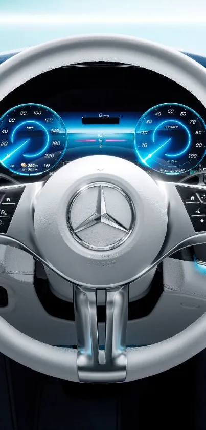 Futuristic car dashboard with blue LED display, showcasing sleek design.