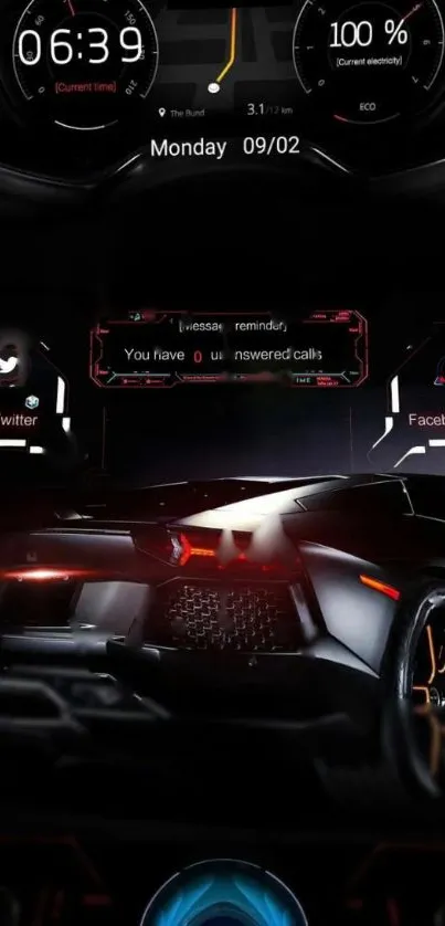 Futuristic car dashboard wallpaper with red LED accents and dark theme.