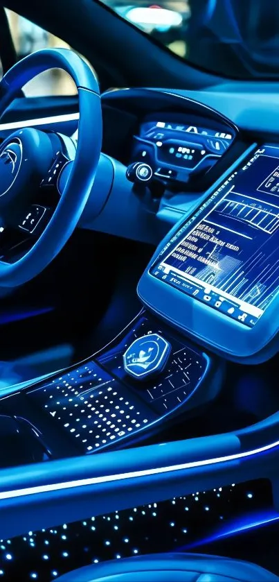 Futuristic car dashboard with digital displays and sleek design.