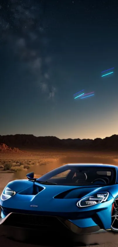 Futuristic blue sports car in desert night scene with glowing lights.