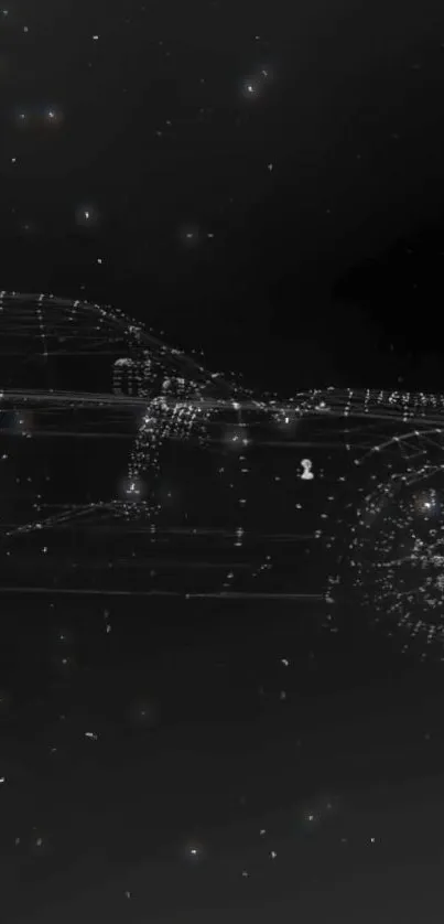 Futuristic wireframe car on a dark starry background.