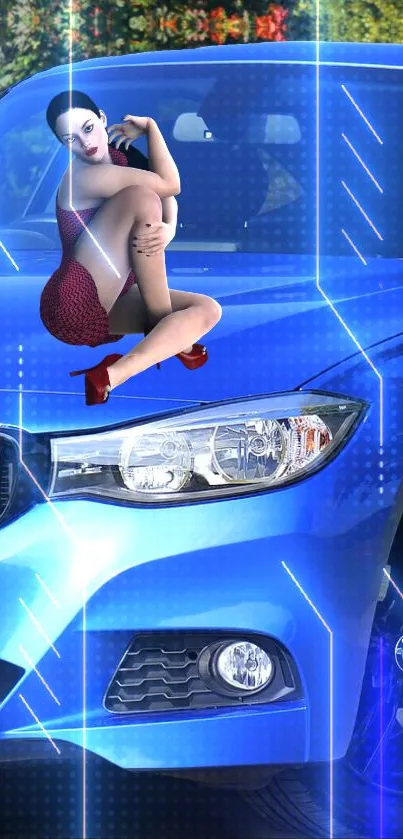 Futuristic digital art with a blue car and vibrant design.