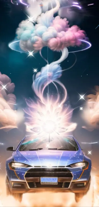 Futuristic car levitating among colorful clouds and stars in a dreamlike scene.