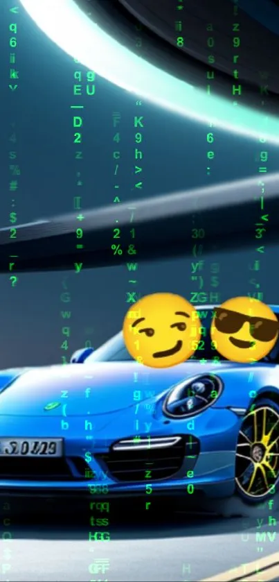 Futuristic car with emojis and matrix background mobile wallpaper.