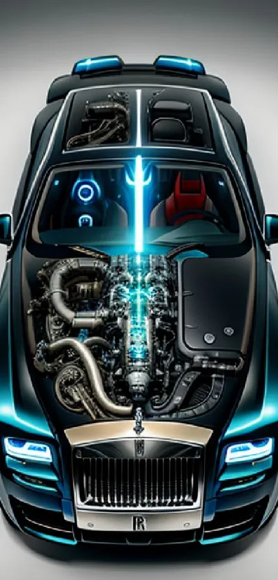 Futuristic automotive engine art with neon accents on a black background.