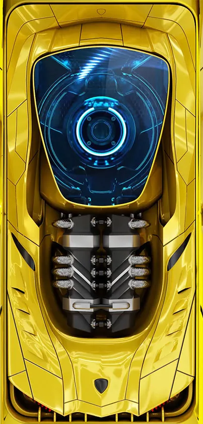 Futuristic gold car engine with blue accents on mobile wallpaper.