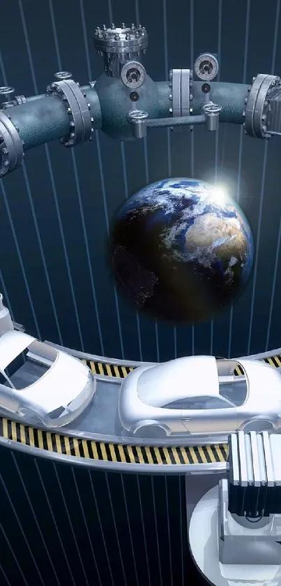 Futuristic car assembly line with Earth view.