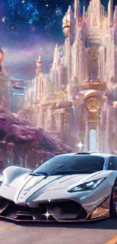 Futuristic car before a fantasy castle landscape.