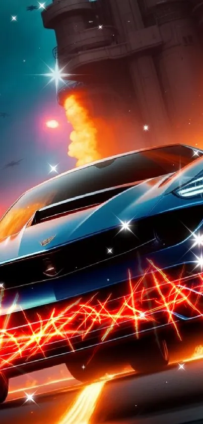 Futuristic car with flames and explosions in background wallpaper.