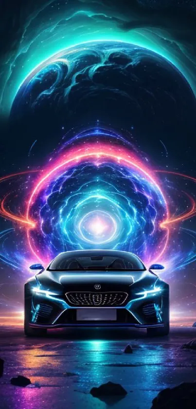 Futuristic car and neon galaxy scene on a mobile wallpaper.