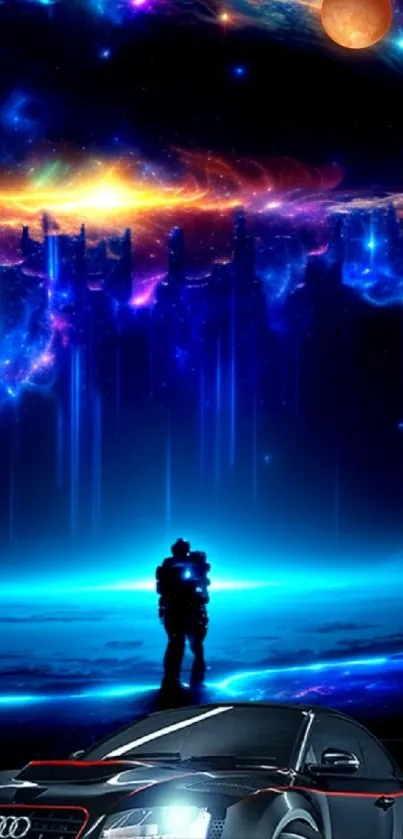 Futuristic car against a vibrant cosmic galaxy backdrop.
