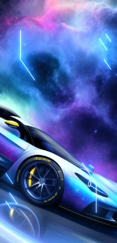 Futuristic car racing through a vibrant galaxy on mobile wallpaper.