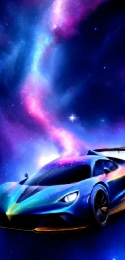 Futuristic car driving through a vibrant galaxy in space.