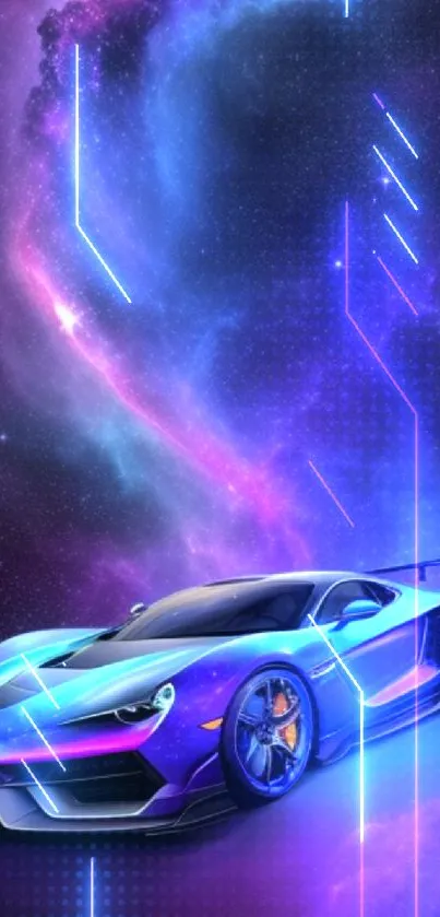 Futuristic sports car under a galaxy night sky with vibrant purple hues.