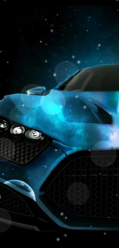 Futuristic car with galaxy design against a cosmic background.