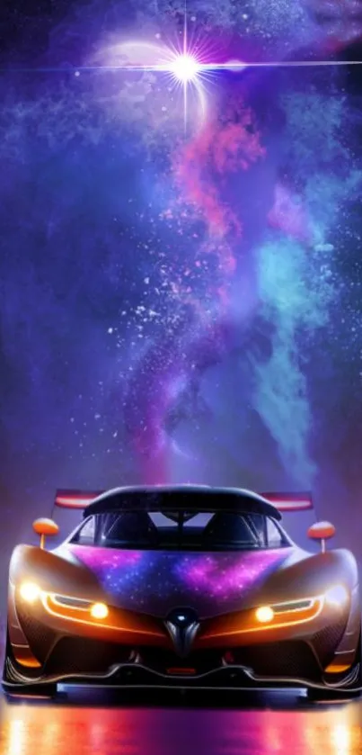 Futuristic car under a colorful galaxy sky.