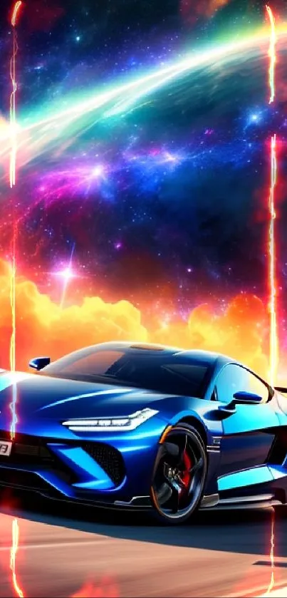 Futuristic car racing under a vibrant galaxy sky in space-themed wallpaper.