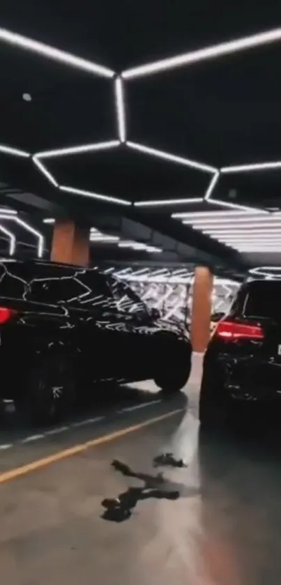 Futuristic car garage with neon lights and luxury vehicles.