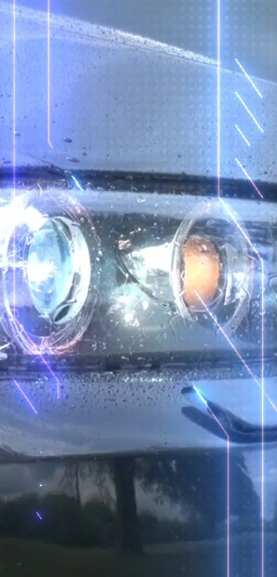 Futuristic car headlight with neon blue lines and raindrop details.