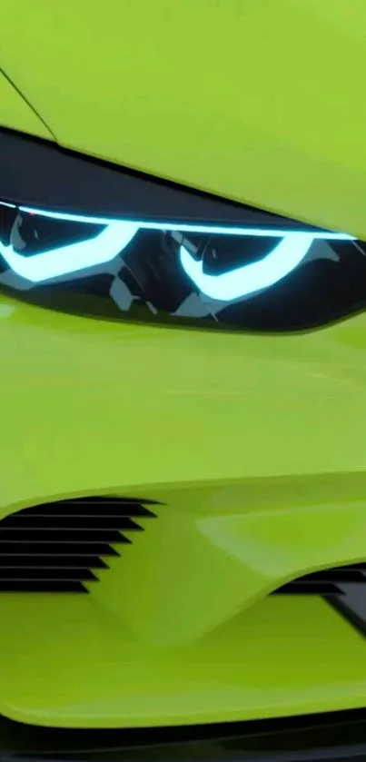 Lime green futuristic car with neon headlights.