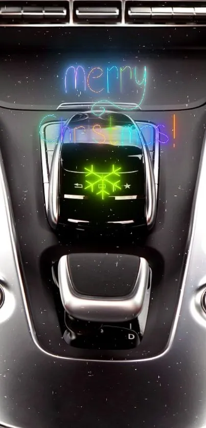 Futuristic car interior with neon Christmas lights.