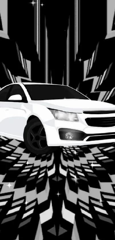 Futuristic car with geometric illusion in black and white for mobile wallpaper.