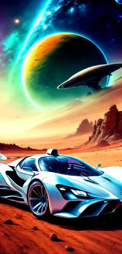 Futuristic car on alien desert beneath cosmic sky.