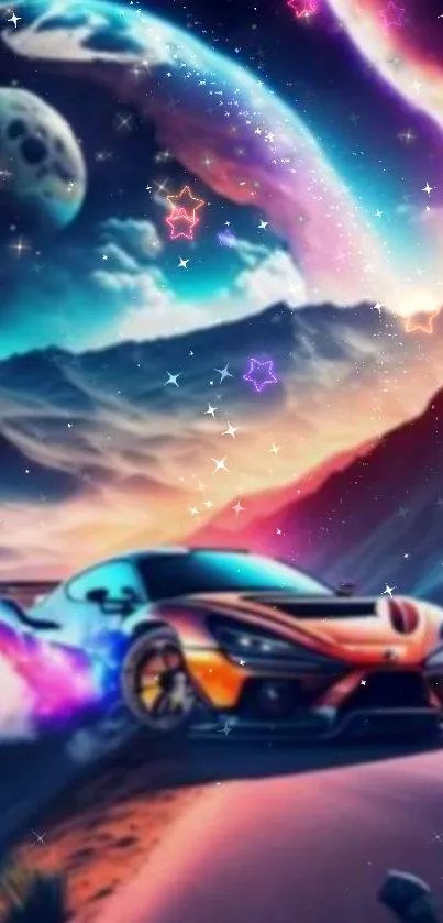 Futuristic car in a vibrant cosmic desert with colorful celestial skies.