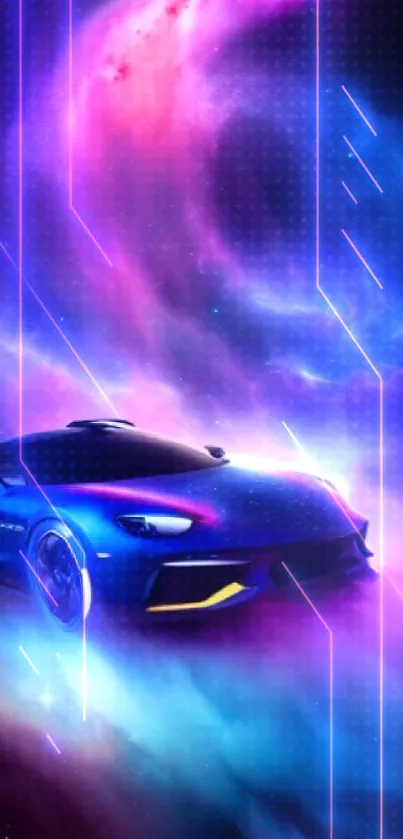 Futuristic car driving through cosmic nebula in vivid colors.