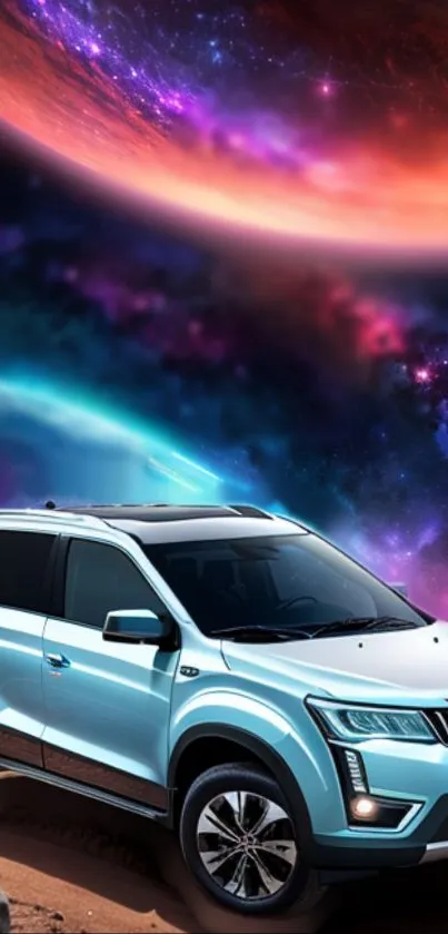 Futuristic car with cosmic galaxy and glowing planet background.