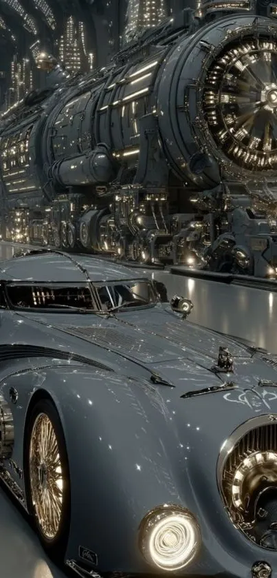 Futuristic car in a cyberpunk cityscape at night.