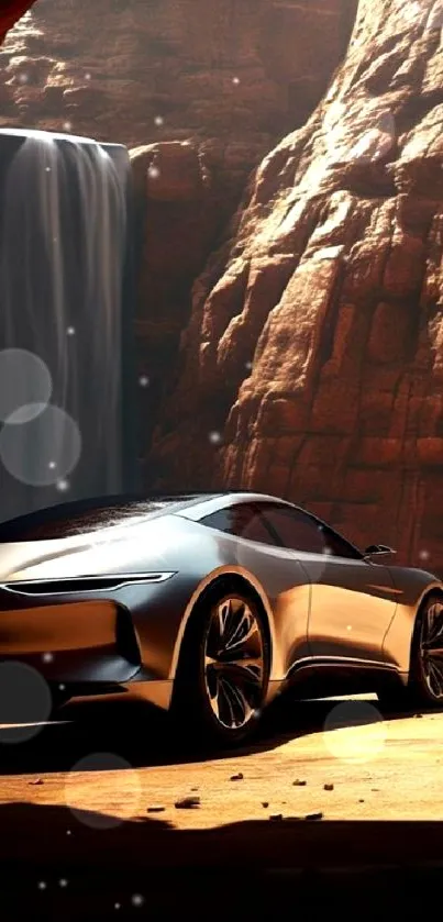 Futuristic car in a desert canyon with a waterfall backdrop.