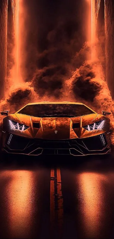 Futuristic sports car in a fiery alley with orange glow.