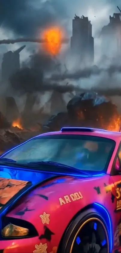 Futuristic neon car in burning dystopian cityscape.