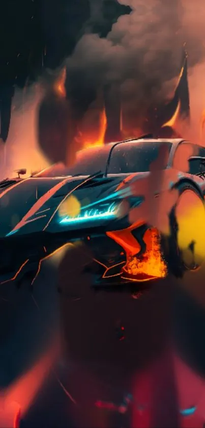 Futuristic car speeding through a fiery setting.