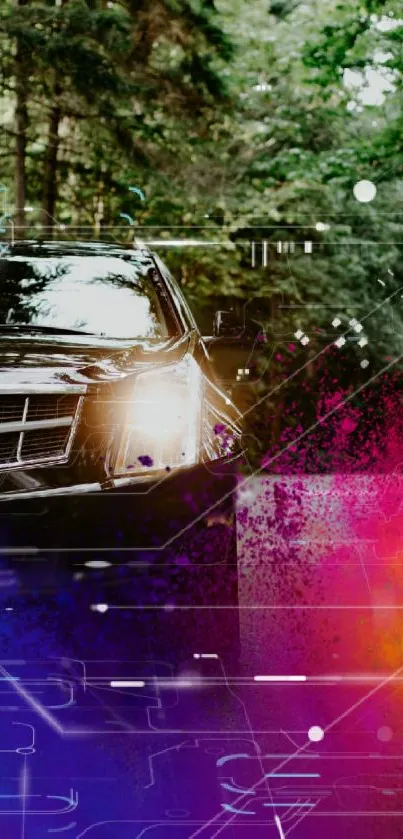 Futuristic car amid a vibrant forest with neon designs.