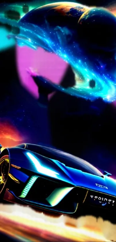 Futuristic sports car with a galactic background scene and vibrant neon colors.