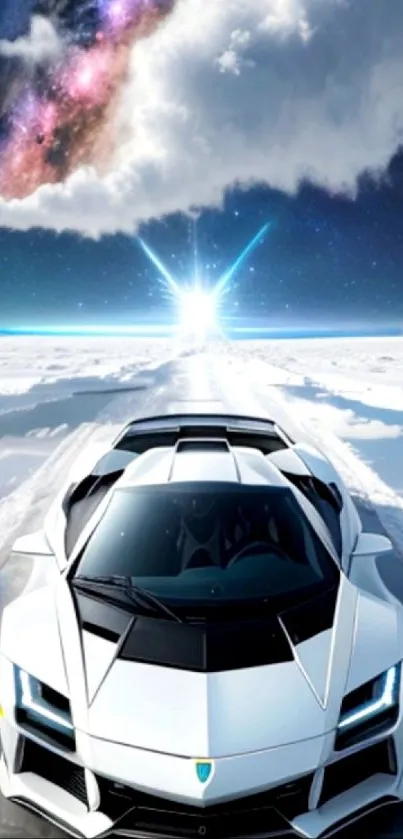 Futuristic white car under a stunning galaxy sky.