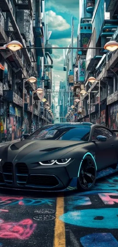 Futuristic car parked in a graffiti-filled alleyway under vibrant streetlights.